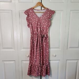 Iffei Womans Dusty Rose White Polka-Dot Dress Size SM Faux Wrap Midi Peplum Soft